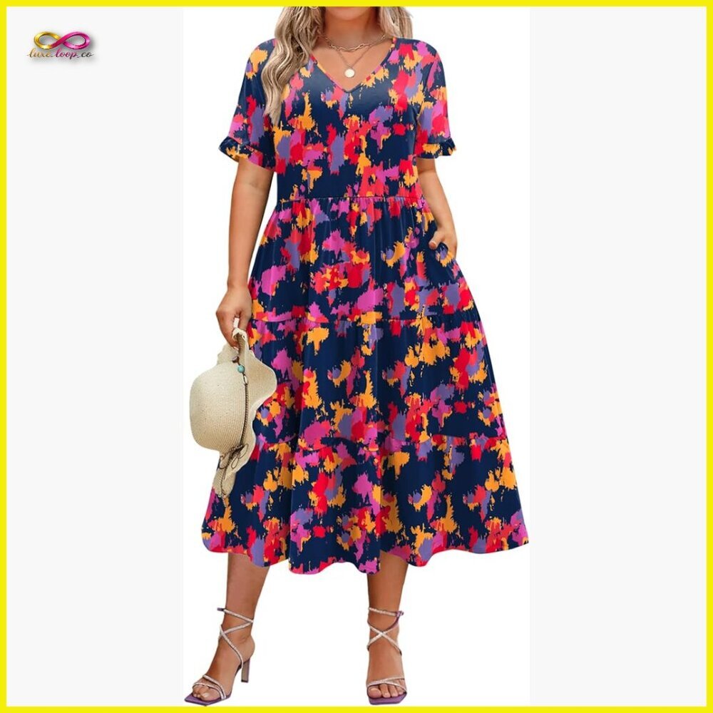 Plus Size Midi Dress Tiered V-Neck A-Line Flowy Casual Summer Pockets